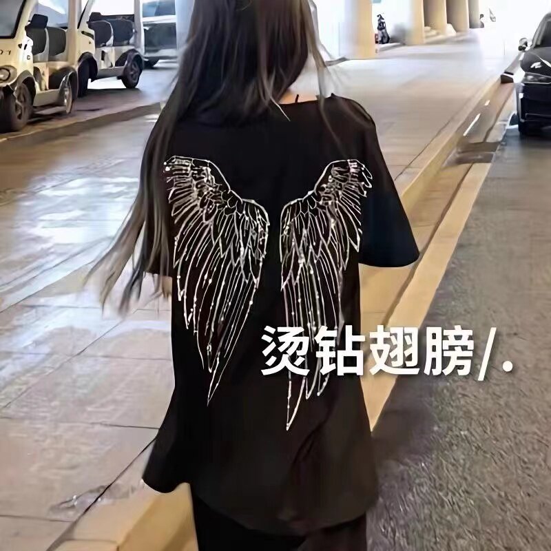 夏季烫钻天使翅膀短袖T恤男港风T恤