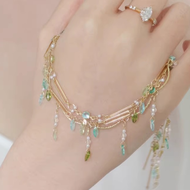 渐变嫩芽绿马眼锆链子 纯铜电泳18k金高保 diy手作古风饰品材料