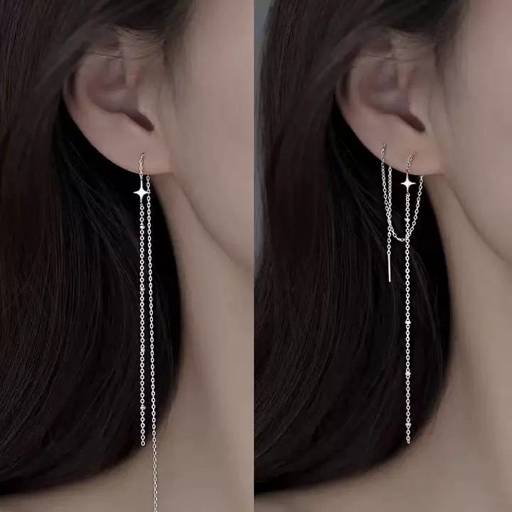 925纯银四芒星耳线简约小众设计女耳环夏简约韩款显脸瘦耳坠耳饰