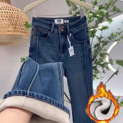 加绒加厚复古蓝微喇牛仔裤女秋冬2024年新款小个子高腰弹力喇叭裤