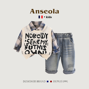 法国ANSEOLA春季新时尚韩版满身字母毛衣三件套装男宝宝春秋装潮