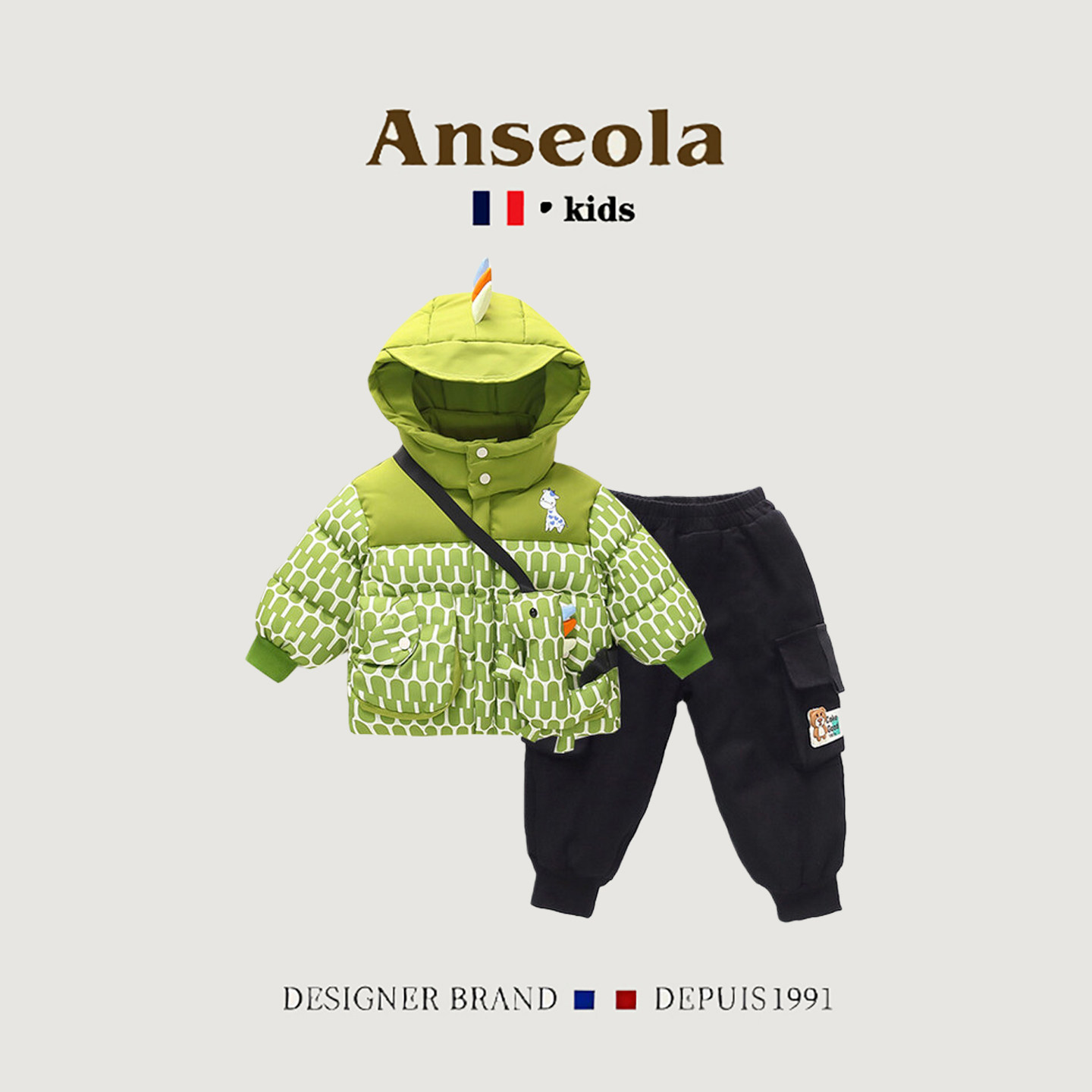 法国ANSEOLA男童冬季连帽棉服套装加绒加厚宝宝卡通棉服两件套潮