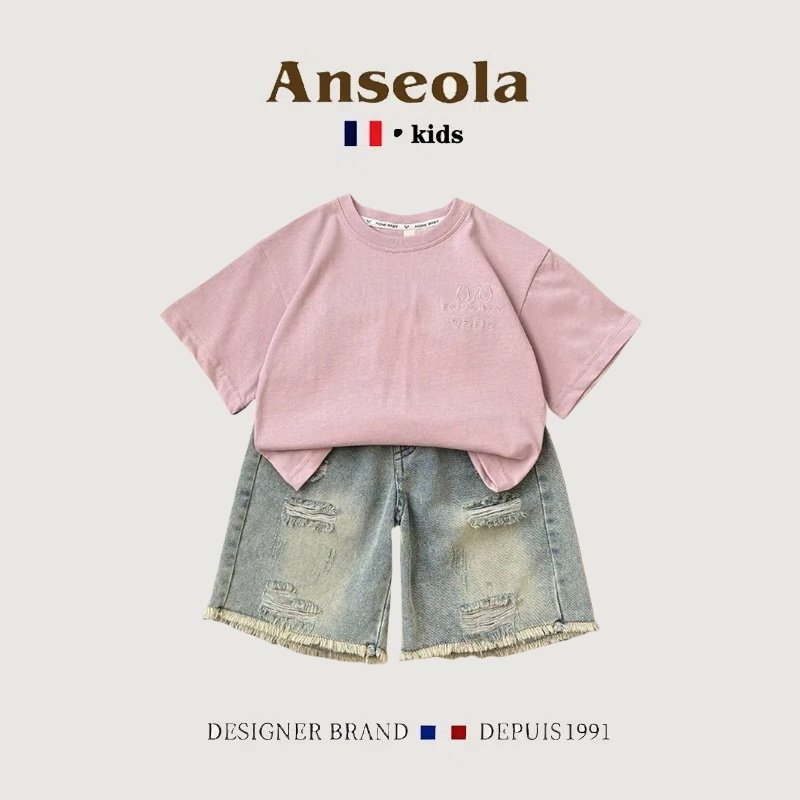 法国Anseola男童短袖套装夏季夏装儿童粉色绣花t恤牛仔短裤两件套