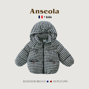 法国ANSEOLA女童格子连帽棉服2025新款洋气韩版加厚宝宝棉袄冬装