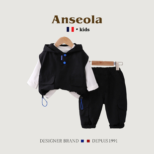 法国ANSEOLA男童套装儿童洋气男宝宝工装连帽马甲工装裤三件套潮
