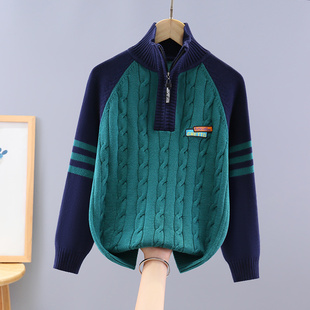 男童毛衣新款纯棉针织衫中大童男孩秋冬款加绒加厚立领拉链打底衫