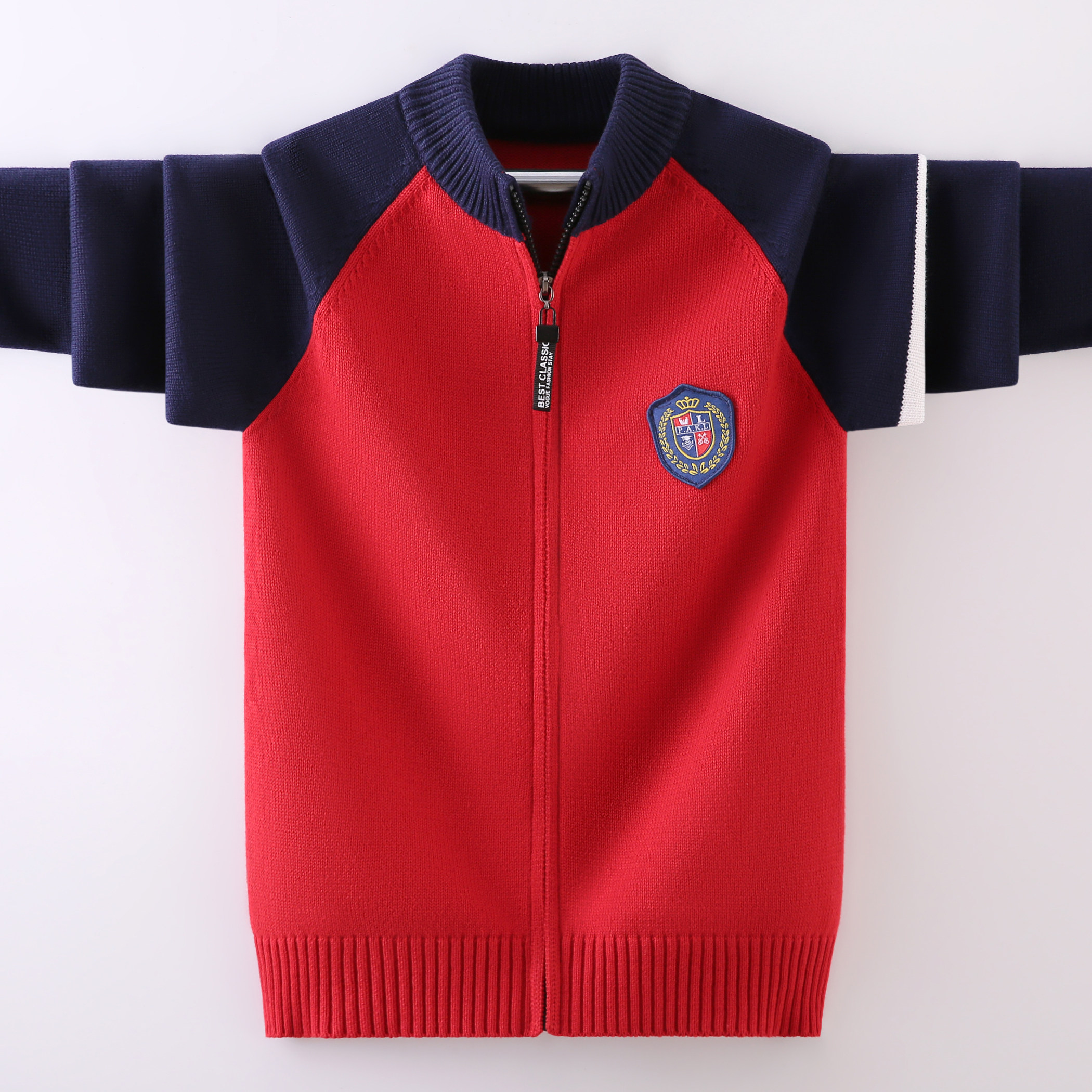 男童毛衣开衫红色儿童纯棉秋冬款2025拉链外套中大童加绒针织线衫