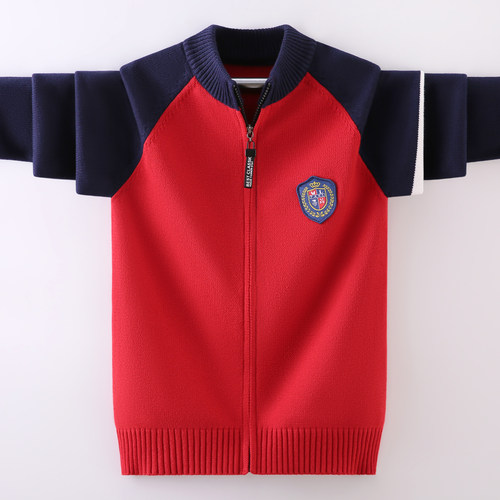 男童毛衣开衫红色儿童纯棉秋冬款2025拉链外套中大童加绒针织线衫