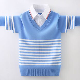 男童毛衣假两件衬衫领春秋2025新款中大童针织衫薄款儿童男孩线衣