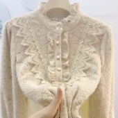 秋冬新款 外穿显瘦遮肉小香风加厚上衣女 立领加绒蕾丝打底宽松衬衫