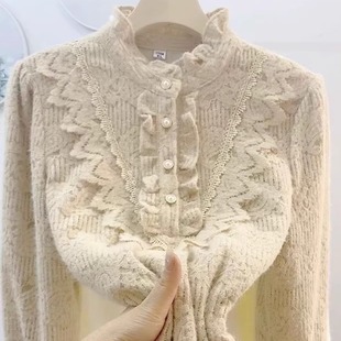 秋冬新款 外穿显瘦遮肉小香风加厚上衣女 立领加绒蕾丝打底宽松衬衫