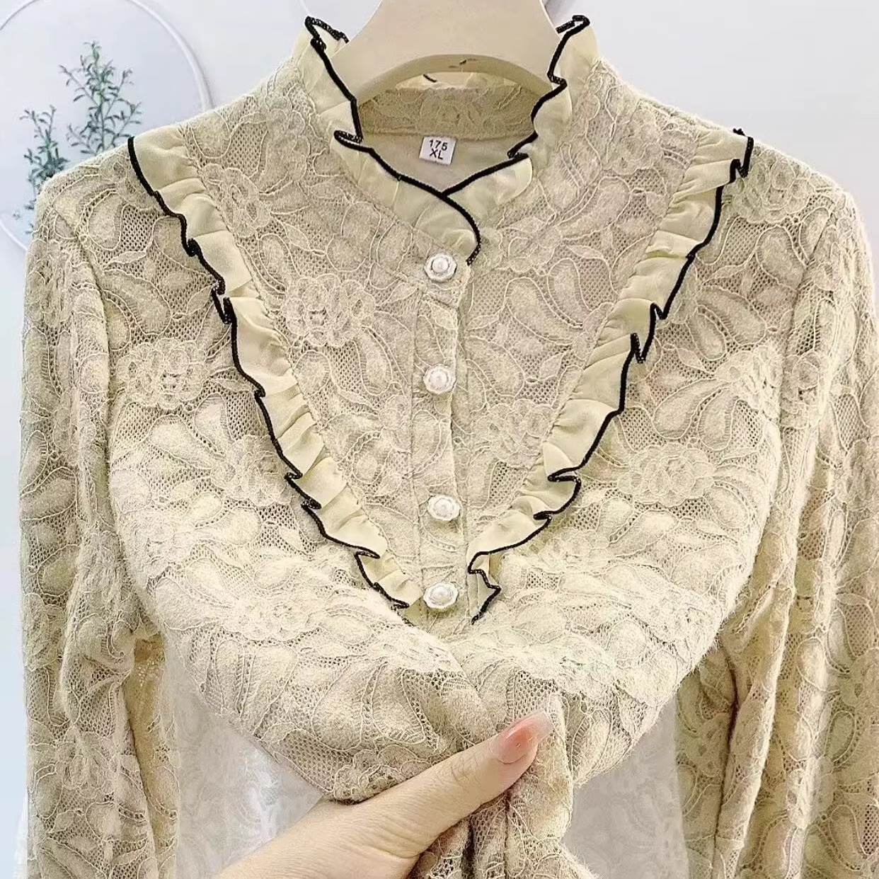 纱网立领蕾丝加绒打底衫