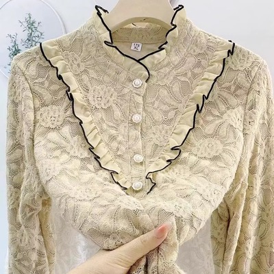 纱网立领蕾丝加绒打底衫