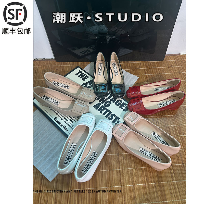rv漆皮圆头玛丽珍鞋女真皮2025秋季方扣水钻通勤风浅口粗跟单鞋女