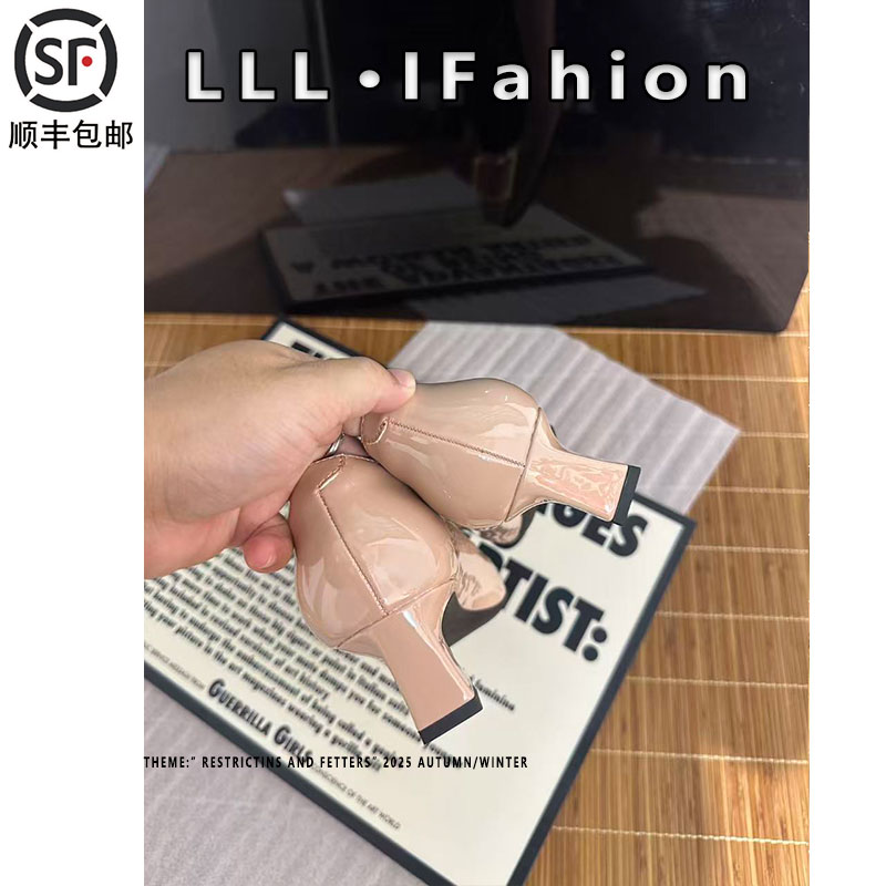 rv马蹄跟通勤风方扣单鞋女2025秋季职业工作鞋浅口经典真皮高跟鞋