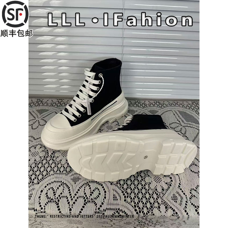 麦坤帆布鞋女2025秋冬季真皮厚底鞋情侣老爹鞋休闲男鞋高帮运动鞋