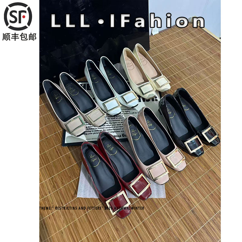 rv马蹄跟职业经典通勤风单鞋女2025秋季真皮工作鞋方扣浅口高跟鞋
