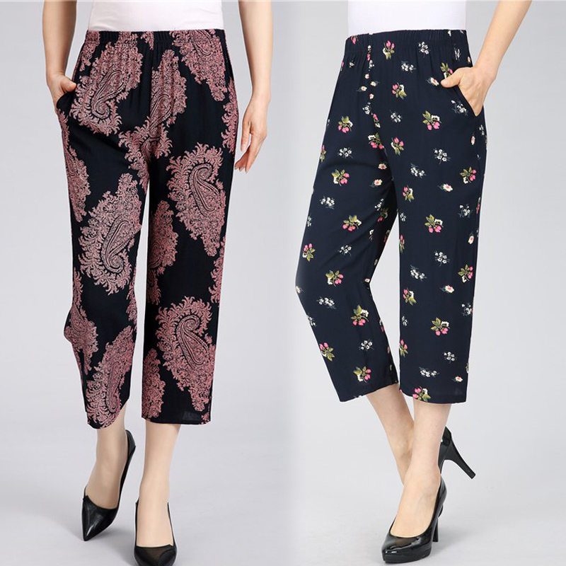 绵绸松紧腰休闲风人造棉妈妈裤