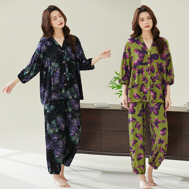 棉绸睡衣女春秋款妈妈七分袖人棉家居服夏季薄款大码绵绸开衫套装