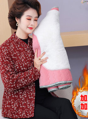 中老年女冬装内胆驼绒小棉衣妈妈秋冬保暖夹棉外套奶奶装印花棉服