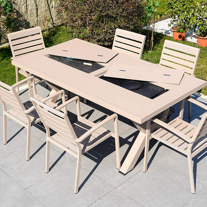 户外烧烤桌庭院铸铝电烤炭烤火锅茶台花园露台室外休闲餐桌组合