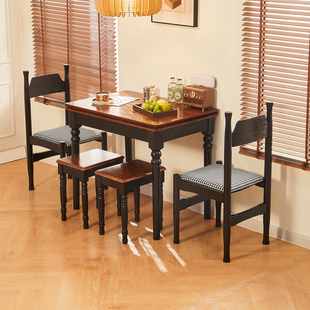 复古伸缩靠墙省空间吃饭桌子 中古风折叠桌实木小户型餐桌家用法式