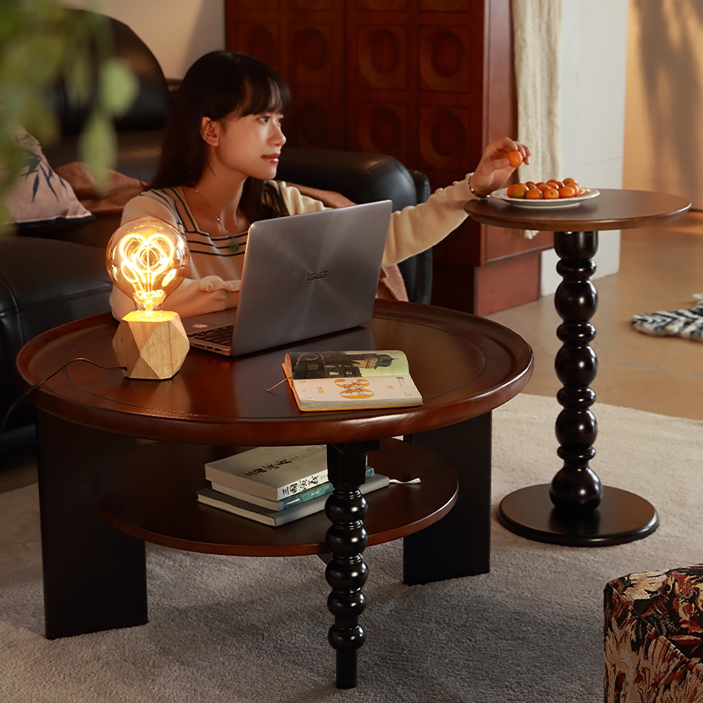 法式实木茶几圆形茶桌小户型小桌子中复古风家用客厅美式新款边几