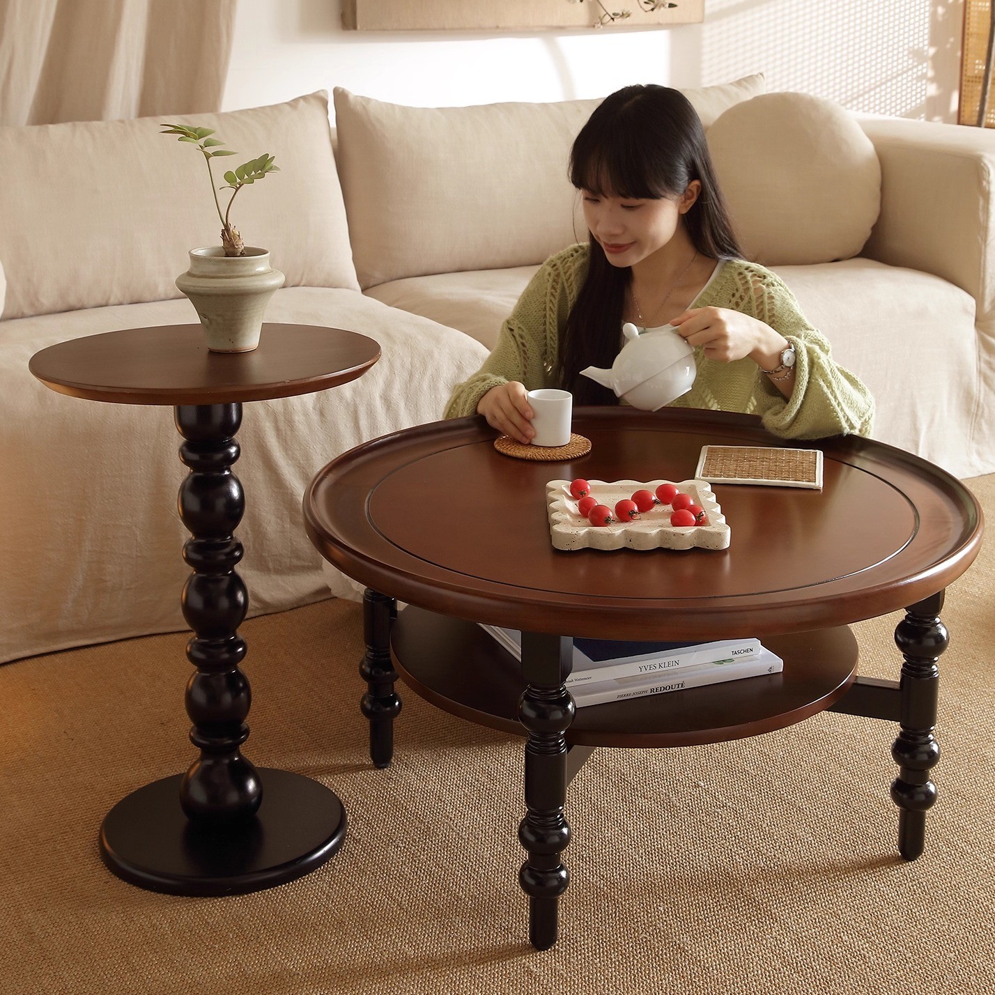 法式实木茶几圆形茶桌小户型小桌子中复古风家用客厅美式新款边几