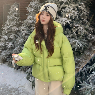 超好看绿色90白鹅绒小个子短款 羽绒服面包服女连帽加厚保暖外套冬
