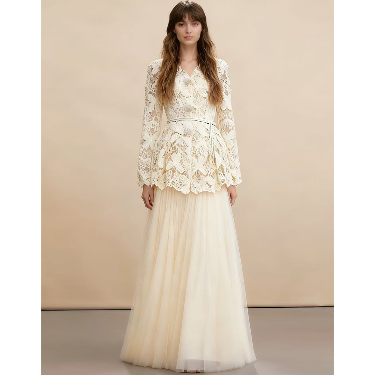 v领蕾丝长袖衬衫女套装高腰半身裙内搭吊带三件套