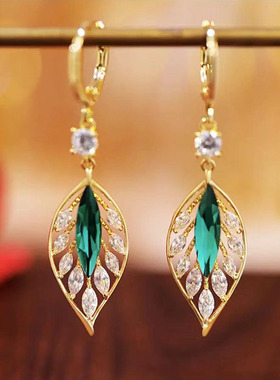 2024年新款潮闪耀锆石绿色叶子耳扣轻奢高级时尚气质耳坠百搭耳饰