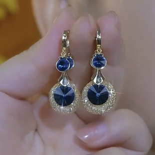 轻奢高级感蓝色水晶耳环气质时尚网纱耳坠2024年款潮优雅大气耳饰
