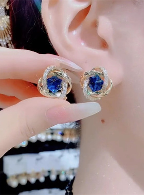 925纯银针气质镶钻蓝色方糖水晶耳环2024年新款潮超闪精致耳钉