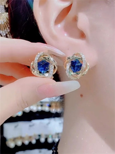 925纯银针气质镶钻蓝色方糖水晶耳环2024年新款潮超闪精致耳钉