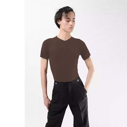 潘氏舞服男士拉丁舞摩登舞T服恤夏季短袖练功服训练服V领两侧开叉