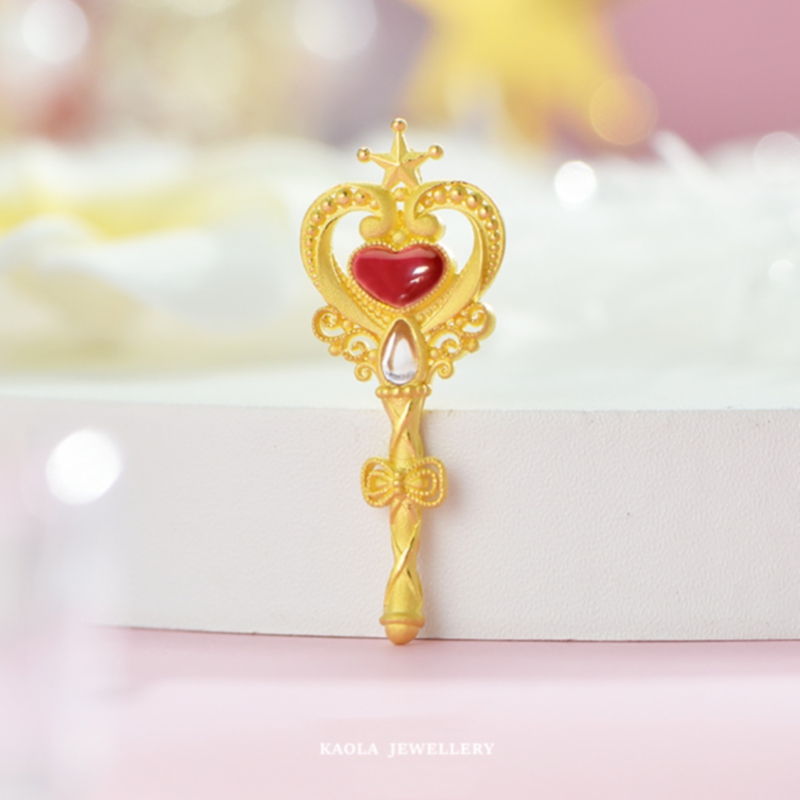 18K金甜心权杖红色爱心钥匙项链 女黄金纯银钻石星星毛衣链礼物潮