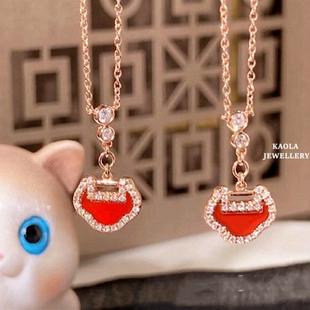 18K金红玛瑙如意锁项链 女红玉髓平安锁玫瑰金纯银福禄锁骨链锁头