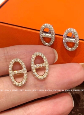 猪鼻子钻石耳钉 女轻奢小众玫瑰金纯银满钻8型耳环圆圈CD字母耳饰