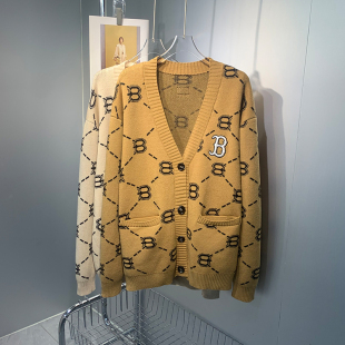 学院风中长款 女冬设计感B字老花纹长袖 毛衣外套 字母针织开衫 韩版