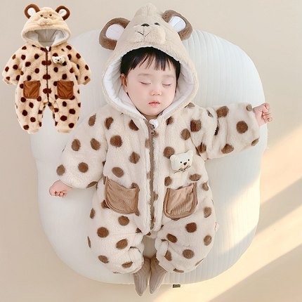 超萌可爱新生婴儿夹棉连体衣宝宝保暖哈衣加厚连帽外出爬服秋冬季