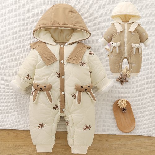 宝宝带帽连体衣夹棉外出服春秋冬