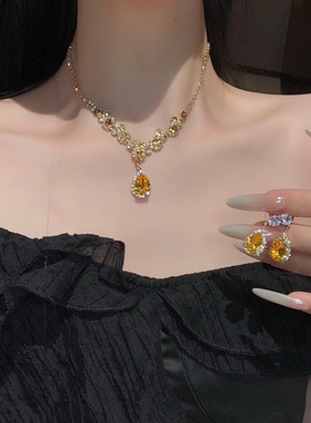 闪锆水滴锆石项链耳饰套装高级感