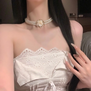 重工山茶花仿珍珠项链choker颈链高级感轻奢小众多层叠戴项圈配饰