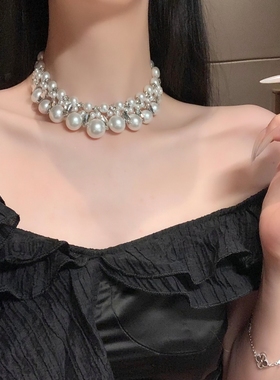 法式氛围感夸张镶钻仿珍珠项链女多层设计冷淡风choker锁骨链颈链