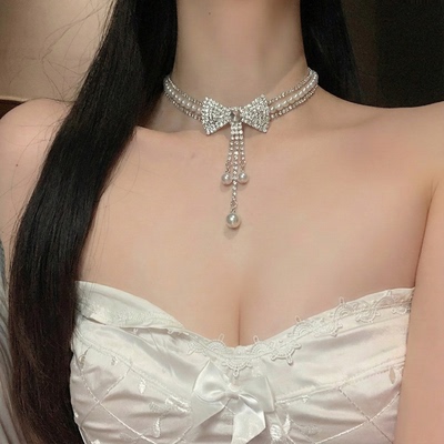 闪锆蝴蝶结仿珍珠项链高级感轻奢