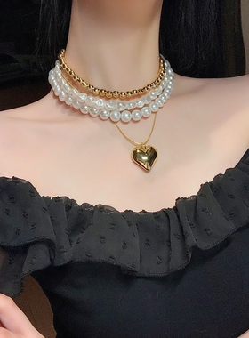多层叠戴金色爱心项链女轻奢气质