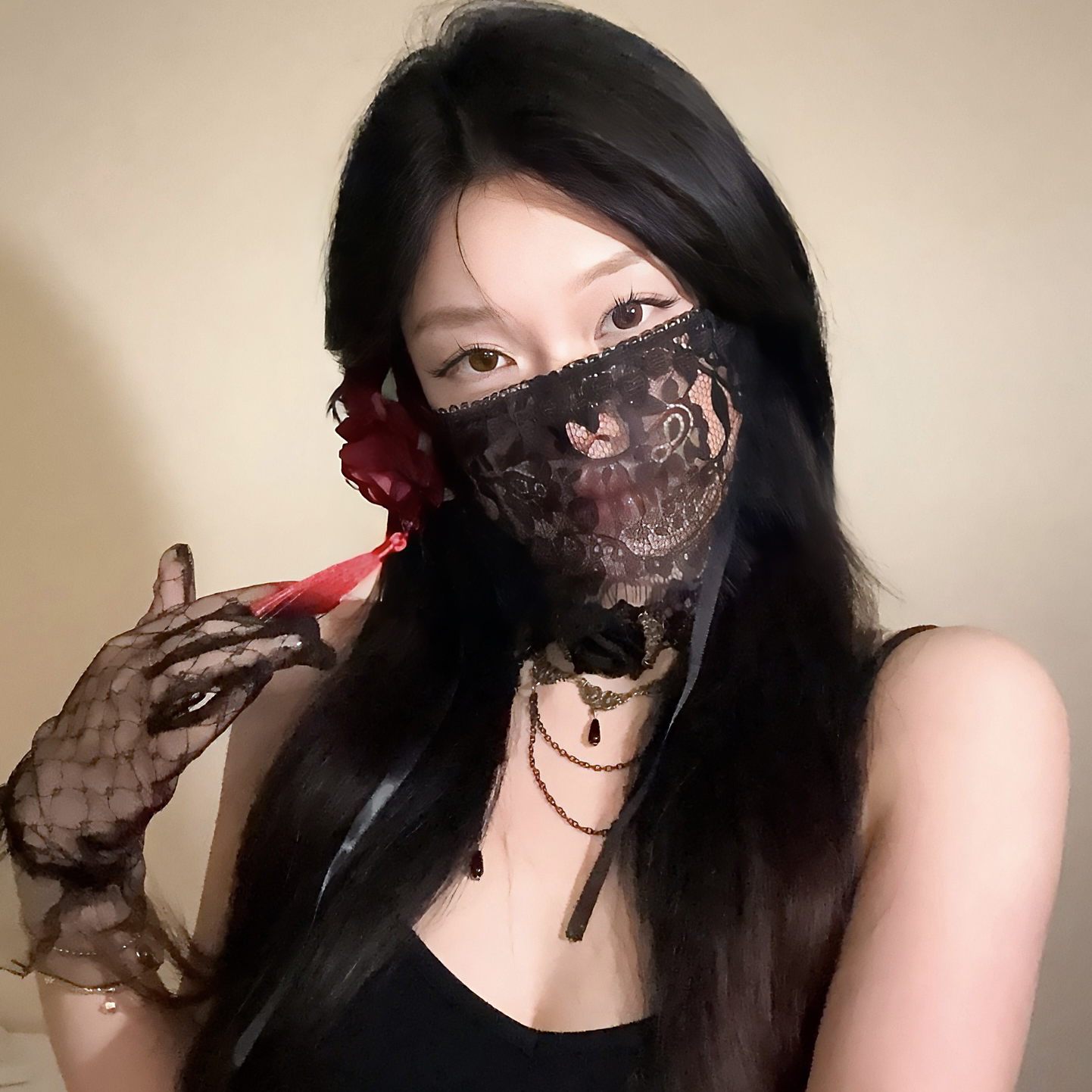 黑色花朵半脸蕾丝面罩面纱万圣节