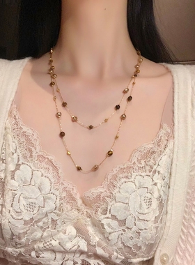 美拉德虎眼石珍珠项链女秋冬季2025爆款百搭轻奢高级感长款毛衣链