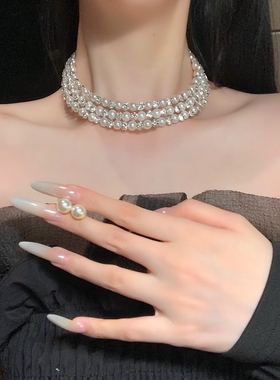 高级感三层珍珠水钻串珠项链名媛choker锁骨链项圈脖颈链宴会配饰
