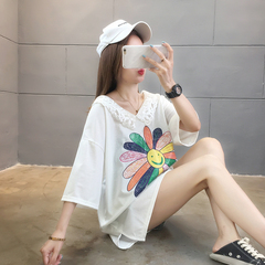 8515棉實拍2021夏季新款寬鬆前後V領潮流印花短袖T恤女